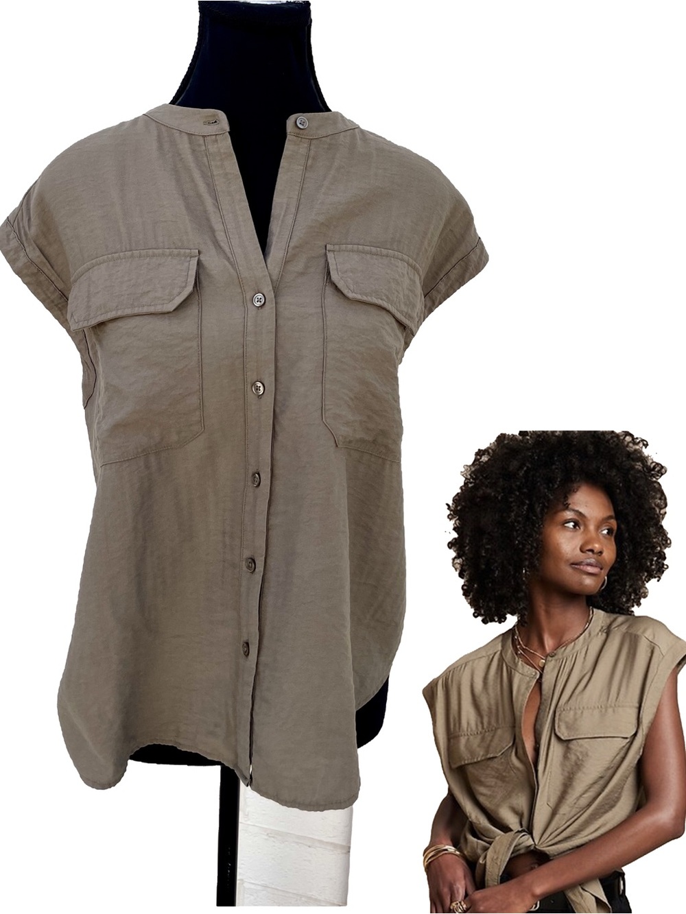 Banana Republic Khaki Army Green Grunge Cap Sleeve Button-Front Top Medium EUC